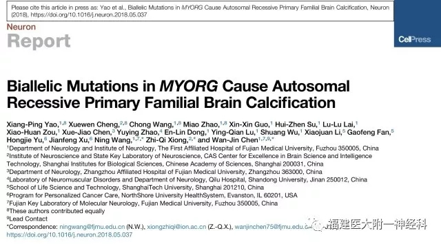国际神经科学领域顶级期刊“Neuron”发表我院陈万金团队最新研究成果——发现原发性家族性脑钙化症首个隐性遗传致病基因
