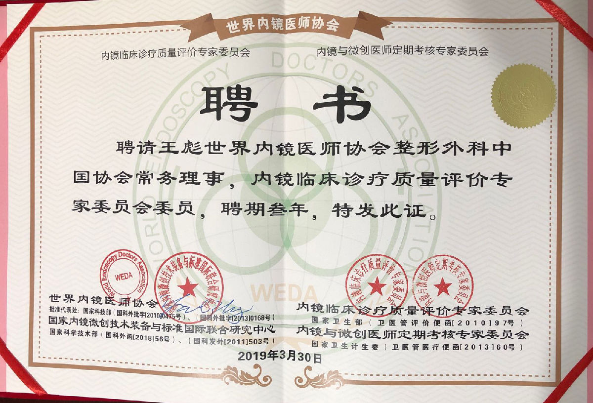 王彪当选中国医师协会美容与整形医师分会委员 及世界内镜医师协会整形外科中国协会常务理事